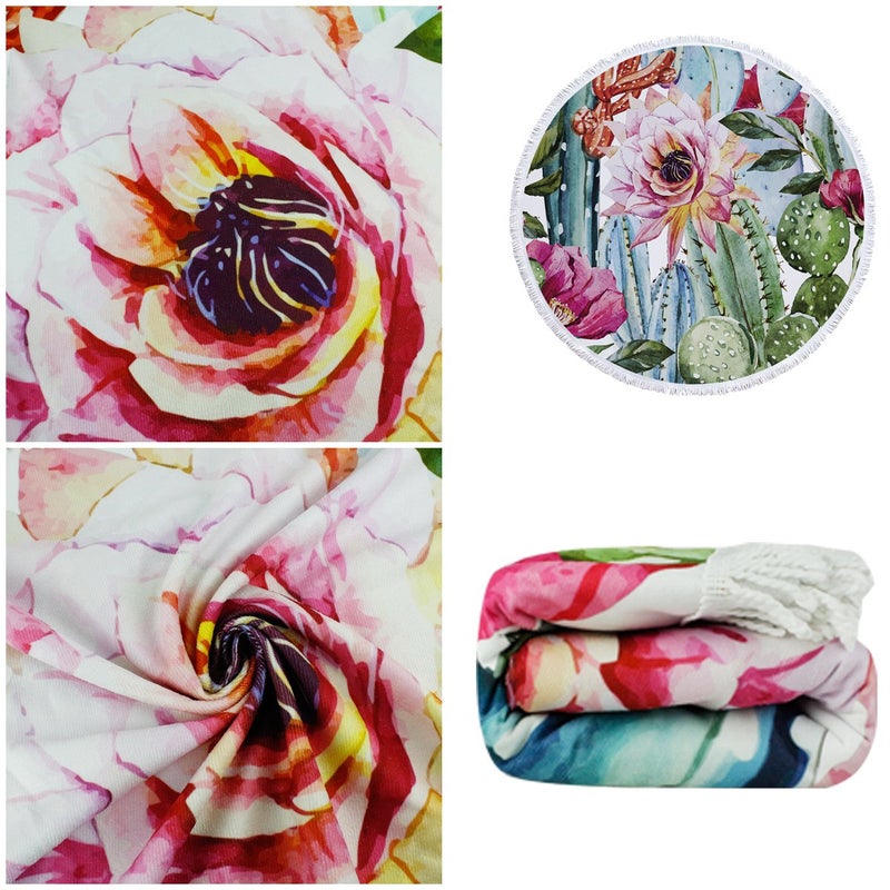 Violet Mist Round Palm Tree Beach Towel Tropical Round Mandala Beach Blanket 60 inch Oversized Microfiber Blanket Extra Large Swim Pool Bath Circle Towel with Tassels for Women Men Adults - Image 2